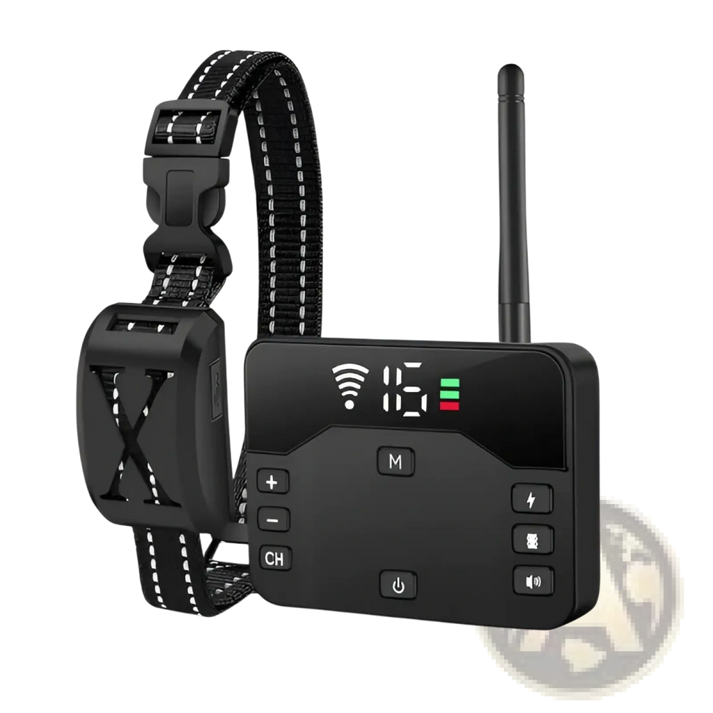 Black wireless dog containment system and training collar set with remote showing channel 16 and battery level
