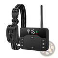 Black wireless dog containment system and training collar set with remote showing channel 16 and battery level