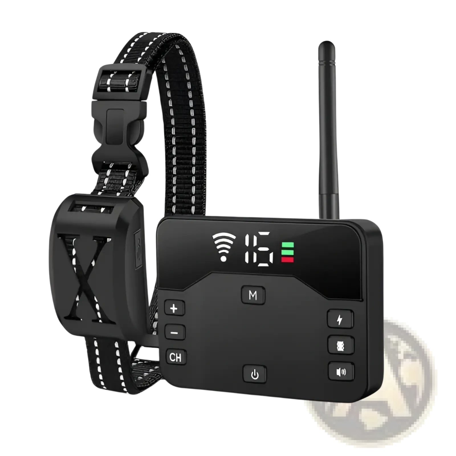 Black wireless dog containment system and training collar set with remote showing channel 16 and battery level