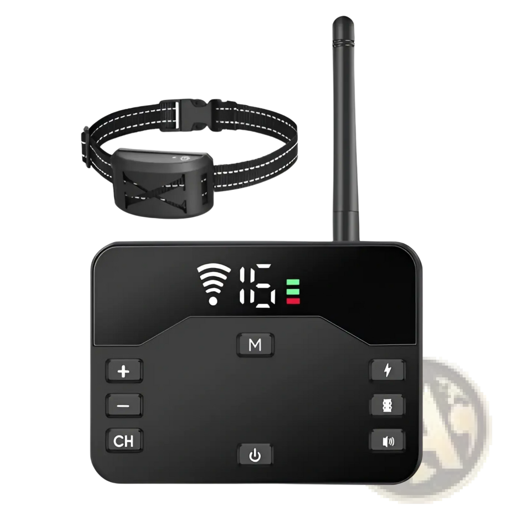 Black wireless dog containment system collar and receiver with digital display showing channel 16 and battery levels