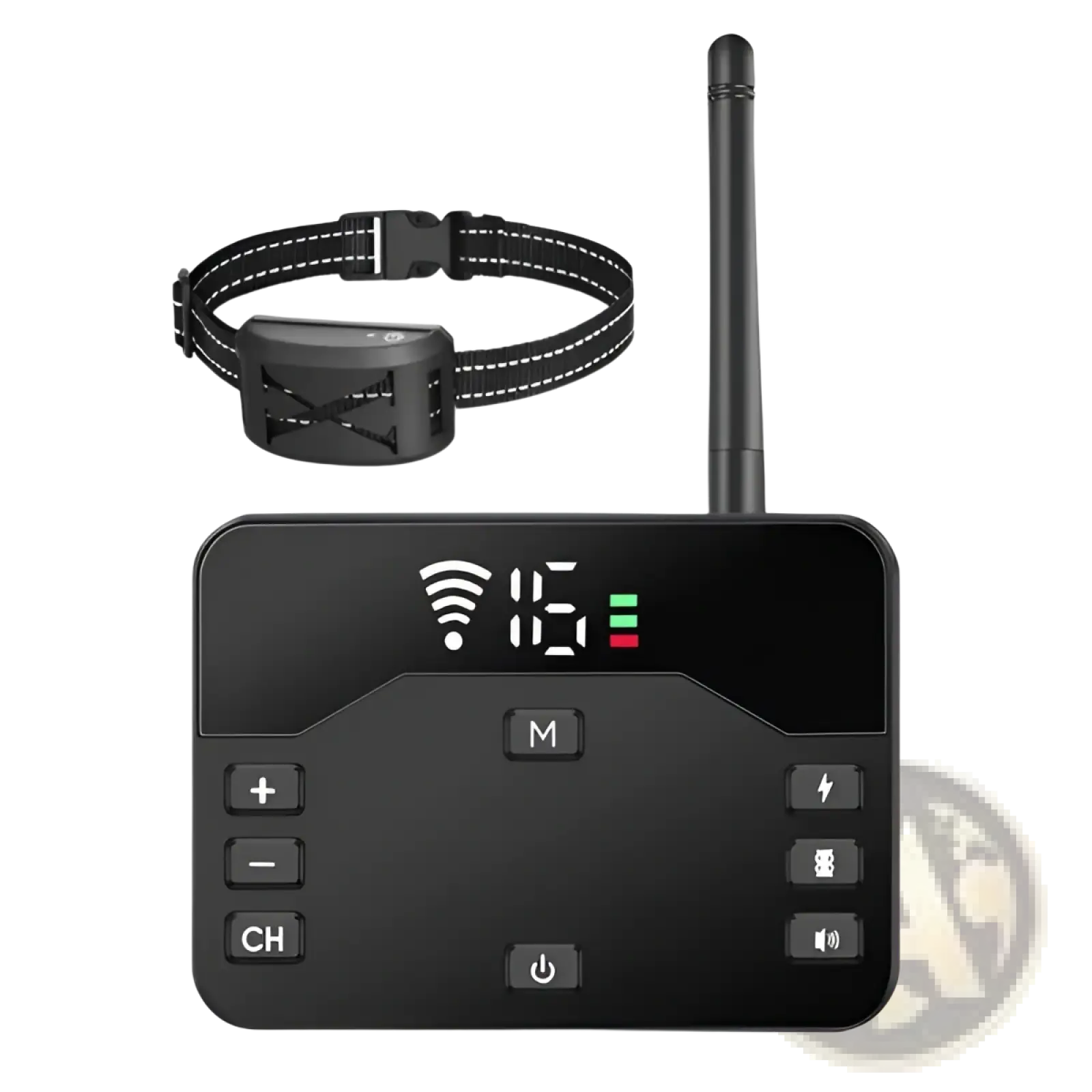 Black wireless dog containment system collar and receiver with digital display showing channel 16 and battery levels