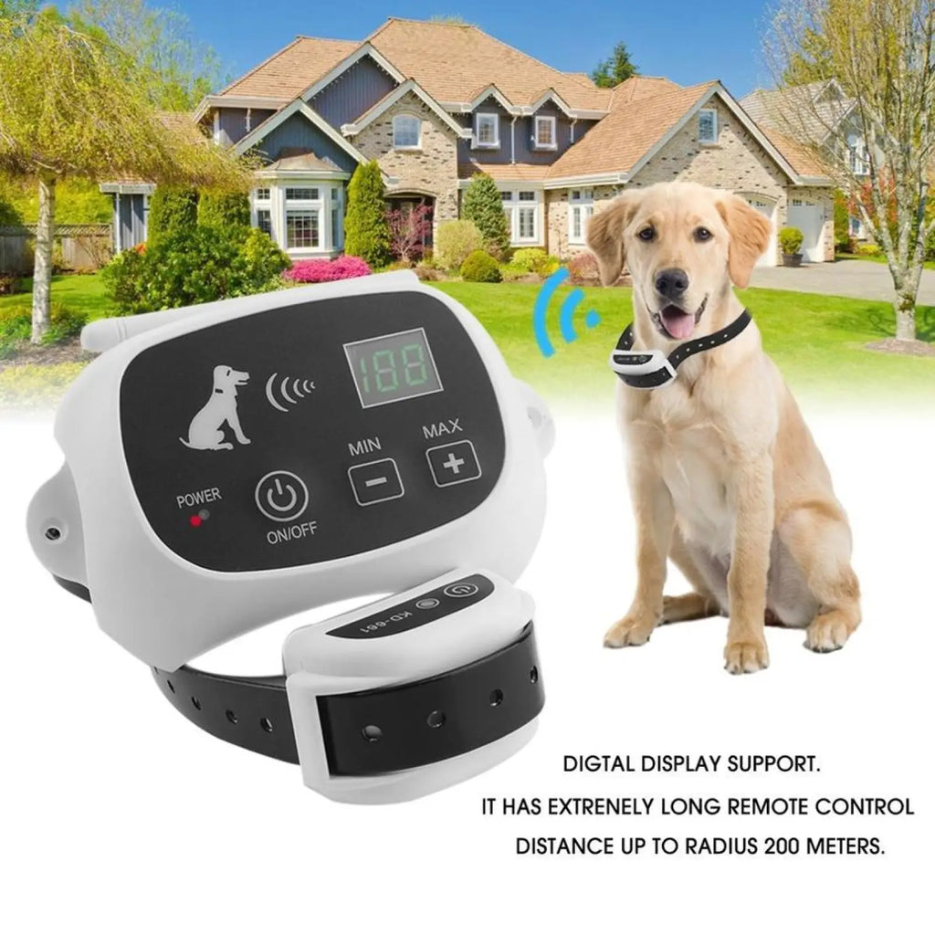 White and black wireless dog fence remote with lcd display, power and adjustment buttons, detachable receiver, 200m range