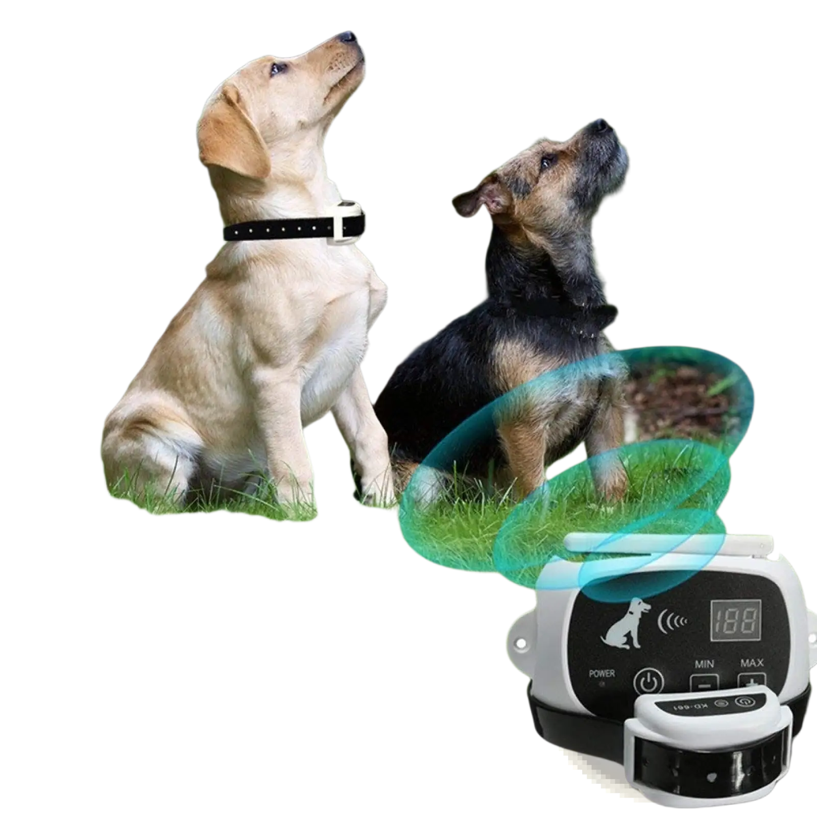 White and black wireless dog fence containment system control unit with digital display showing 188 for pet safety