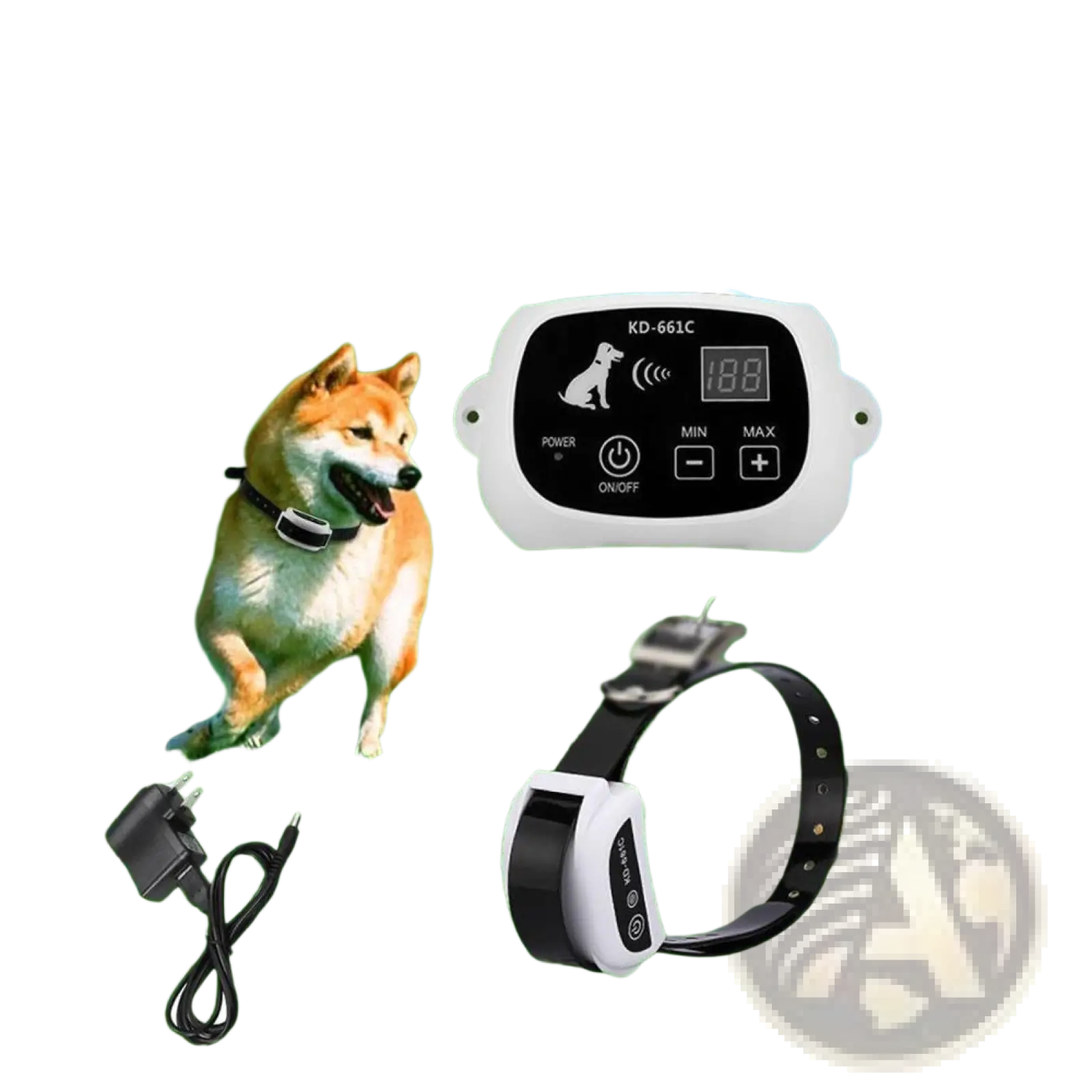 White and black wireless dog fence containment system with digital control unit and power adapter for pet safety