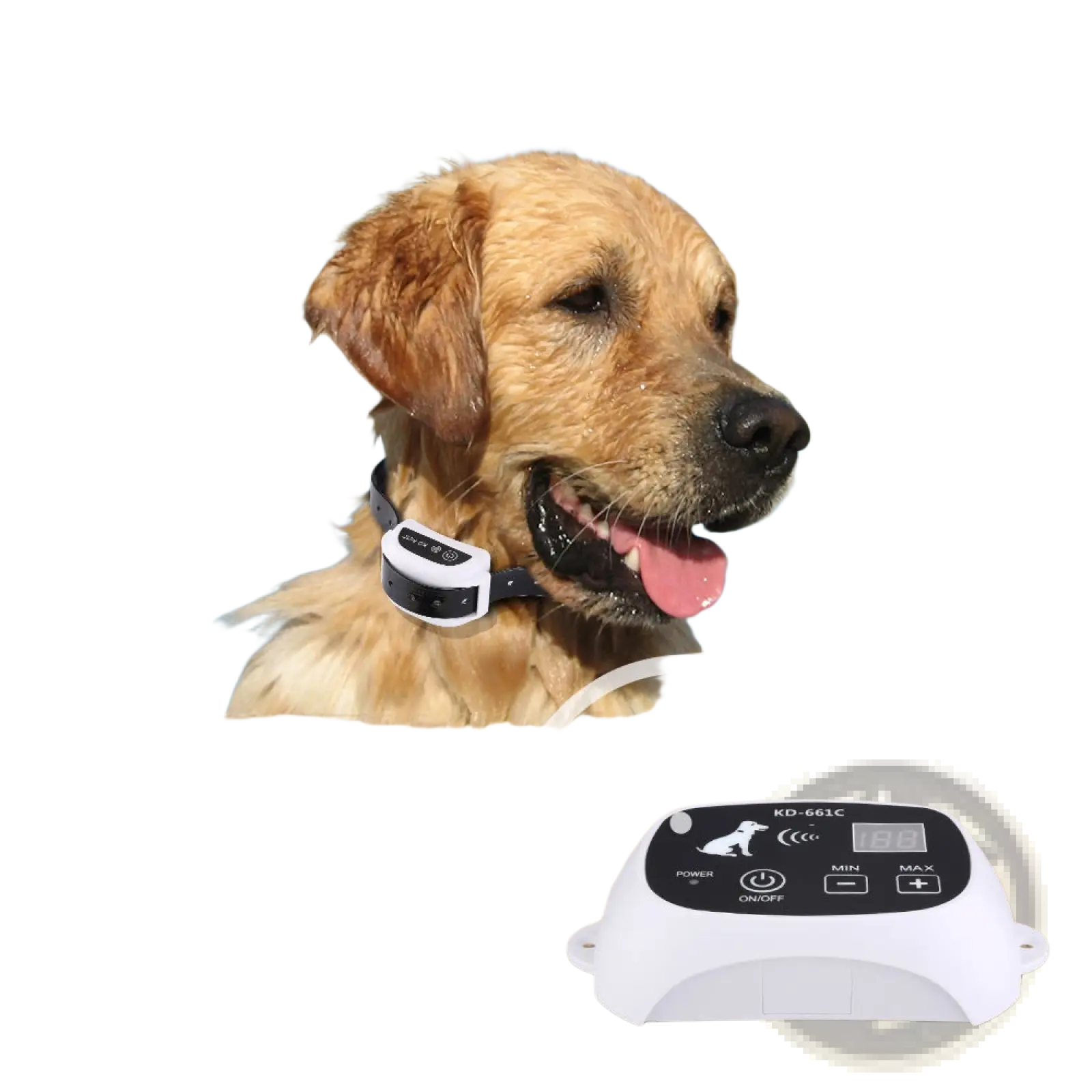 White plastic wireless dog fence remote control with digital display and labeled buttons for dog training collar