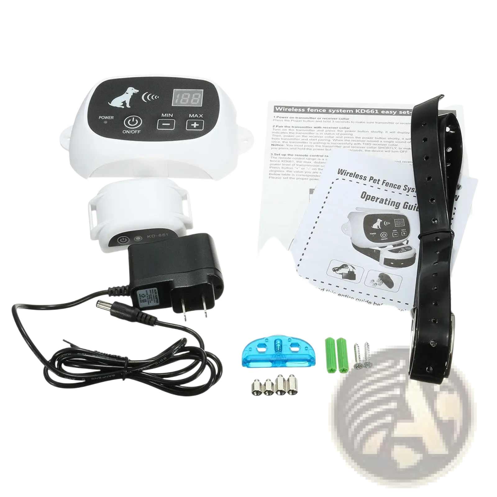 Wireless dog fence containment system transmitter in white plastic with black control panel and digital display
