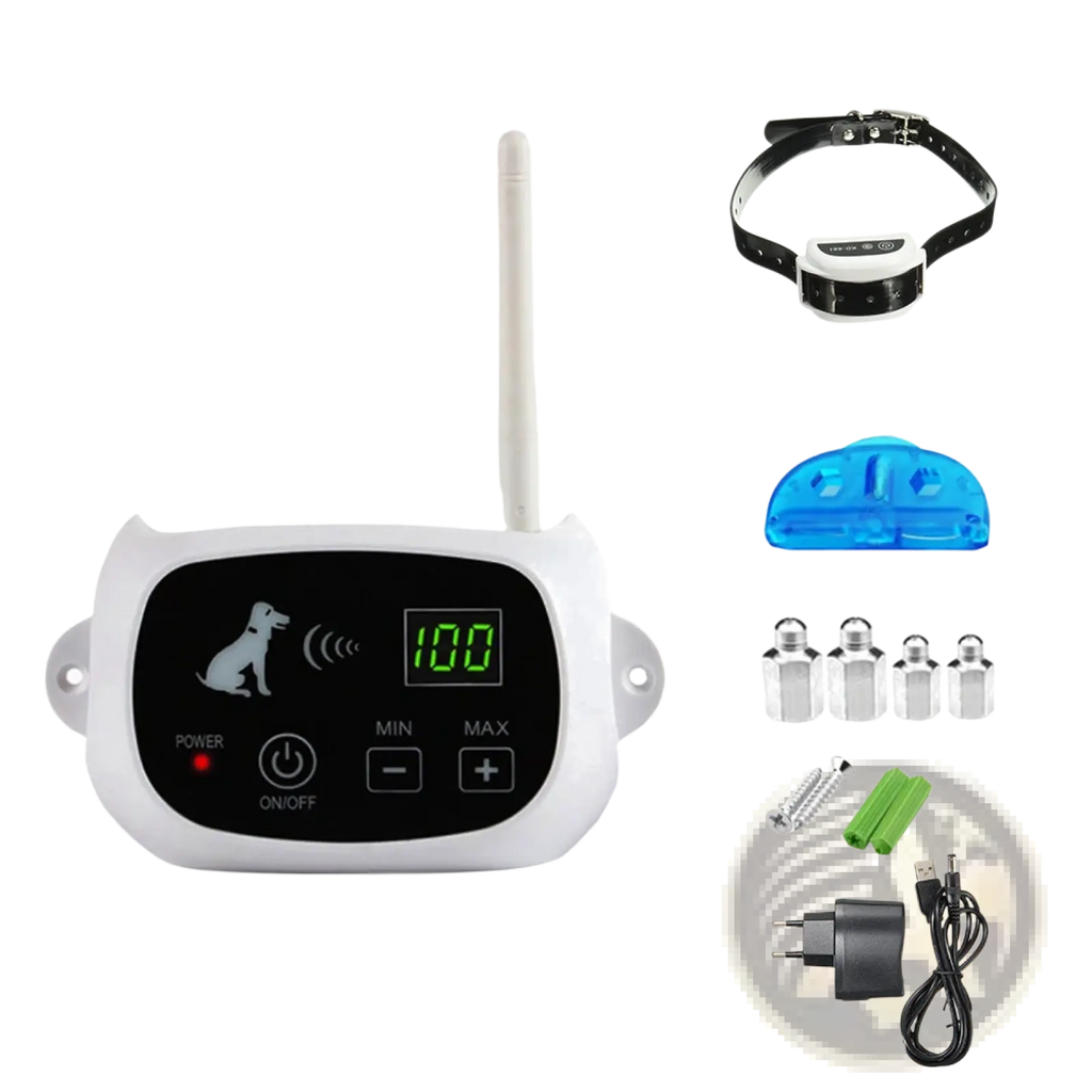White plastic wireless dog fence containment system collar with digital control unit and antenna for training