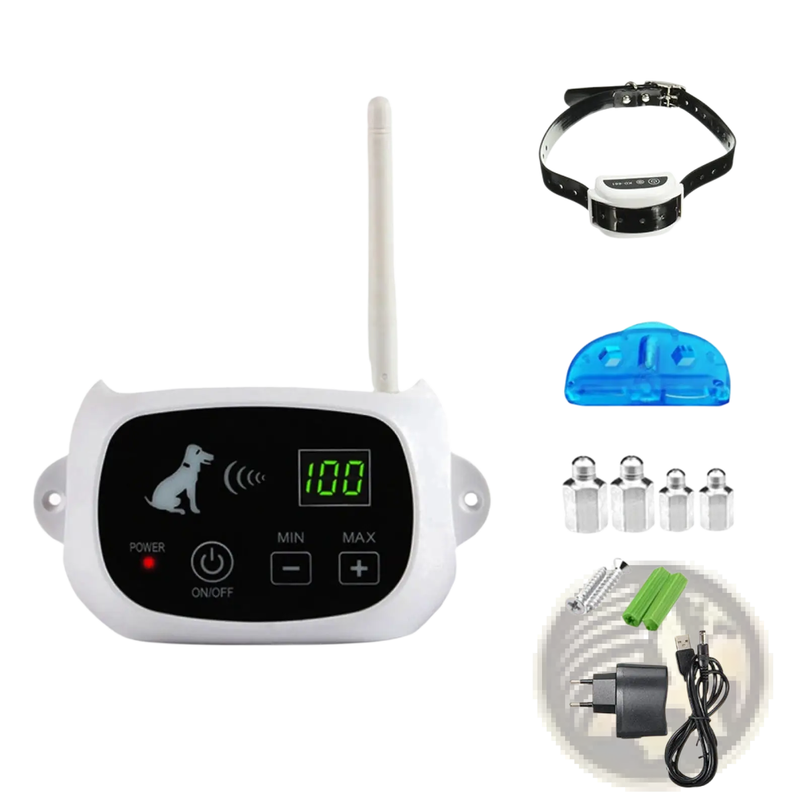 White plastic wireless dog fence containment system collar with digital control unit and antenna for training