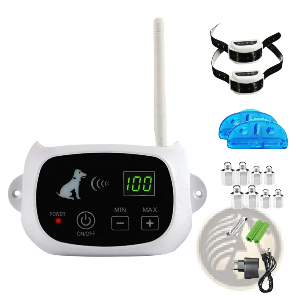 White plastic wireless dog fence containment system collar with digital display and control buttons for training