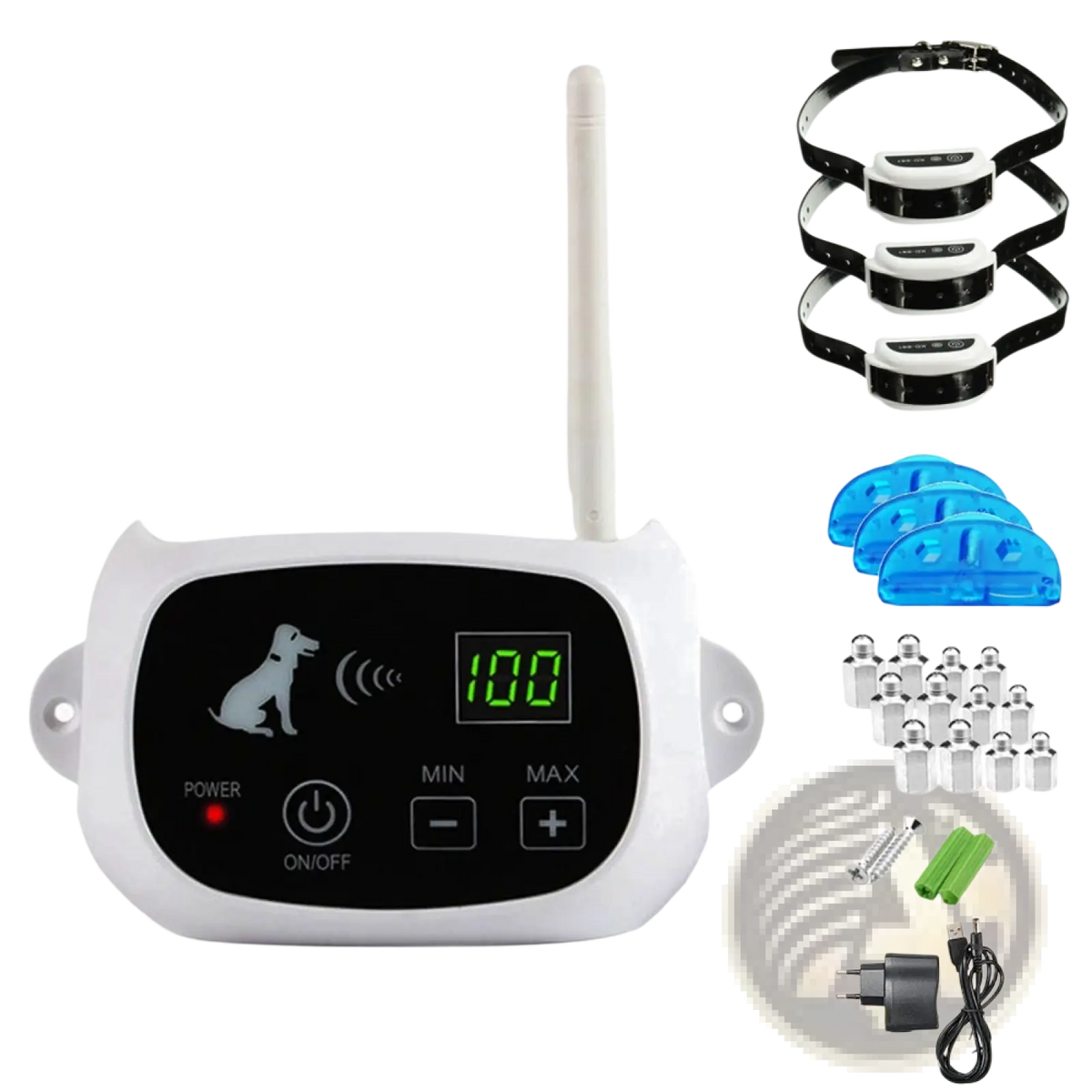 Wireless dog fence containment system with white plastic collars, black control unit, blue shock pads, and USB charger