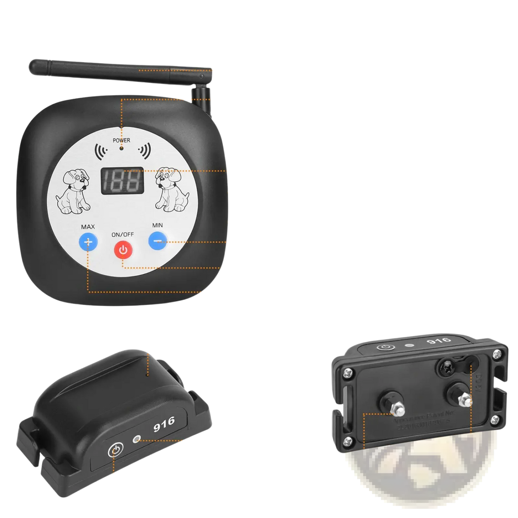 Black wireless dog fence system with gps location monitor collar featuring digital display and matching receiver collar