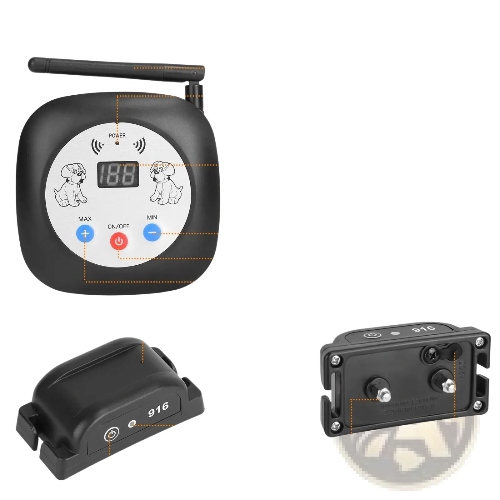 Black wireless dog fence system with gps location monitor collar featuring digital display and matching receiver collar