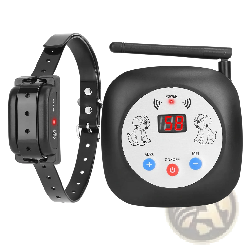 Black wireless dog training collar with gps location monitor and remote displaying 58 with puppy illustrations
