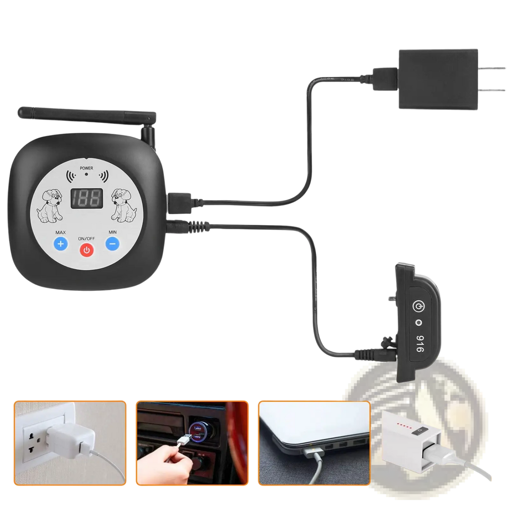 Black rectangular wireless dog fence system pet monitor with gps location display and antenna connected to charger