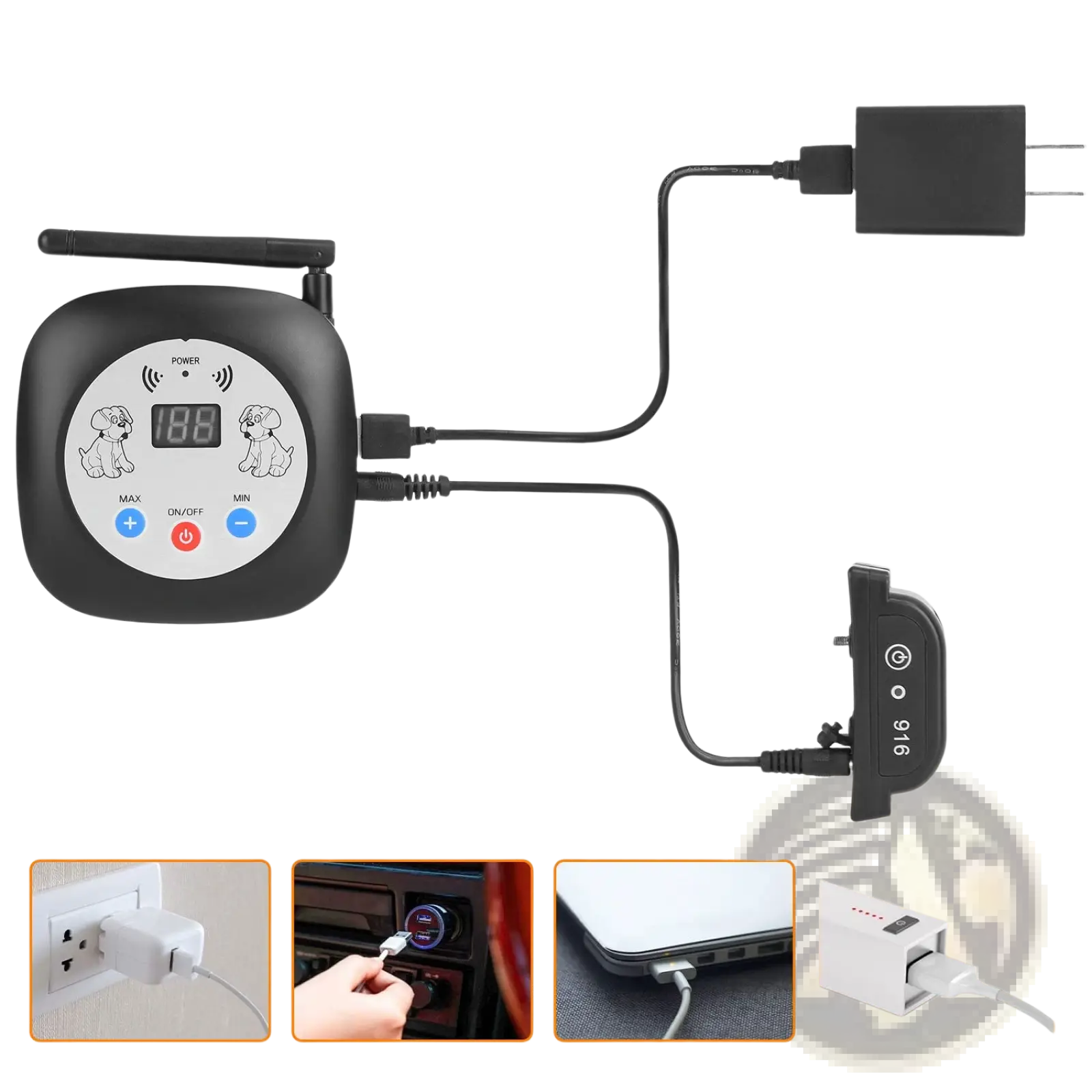 Black rectangular wireless dog fence system pet monitor with gps location display and antenna connected to charger
