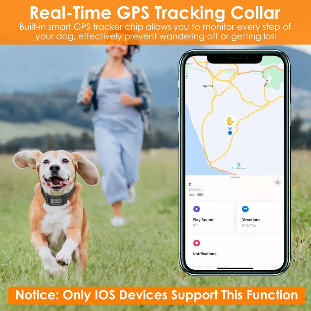 Black wireless dog fence system collar with real-time gps location monitor and smart tracker chip