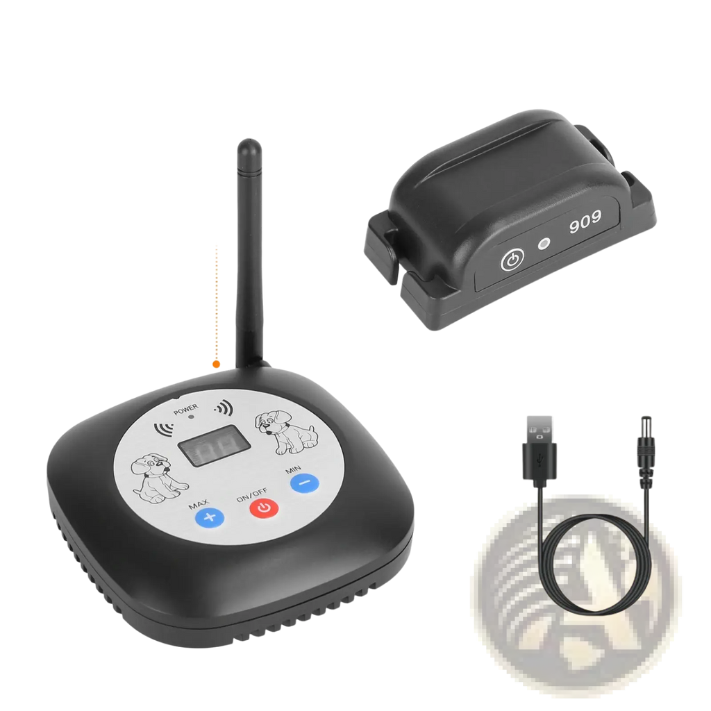 Black wireless dog fence system collar with gps location monitor includes handheld remote and usb charging cable