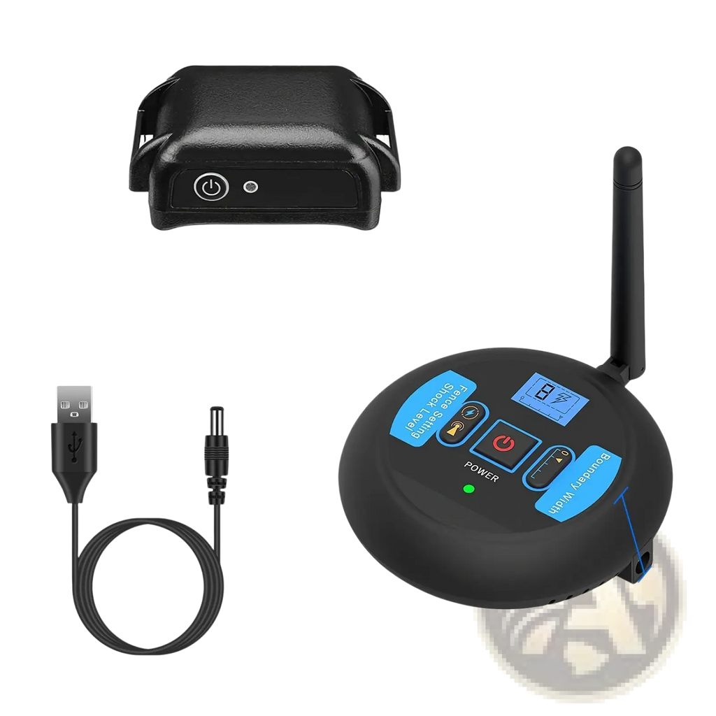 Black wireless dog training collar receiver with blue buttons paired with transmitter belt clip and usb charger cable