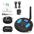 Black circular wireless dog fence transmitter with blue labeled buttons and digital display showing 8 for waterproof training collar system
