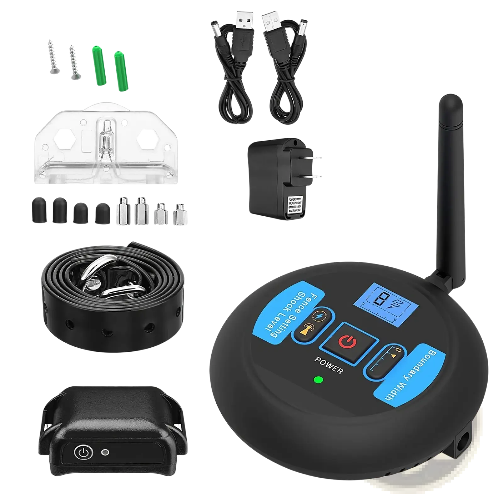 Black circular wireless dog fence transmitter with blue labeled buttons and digital display showing 8 for waterproof training collar system