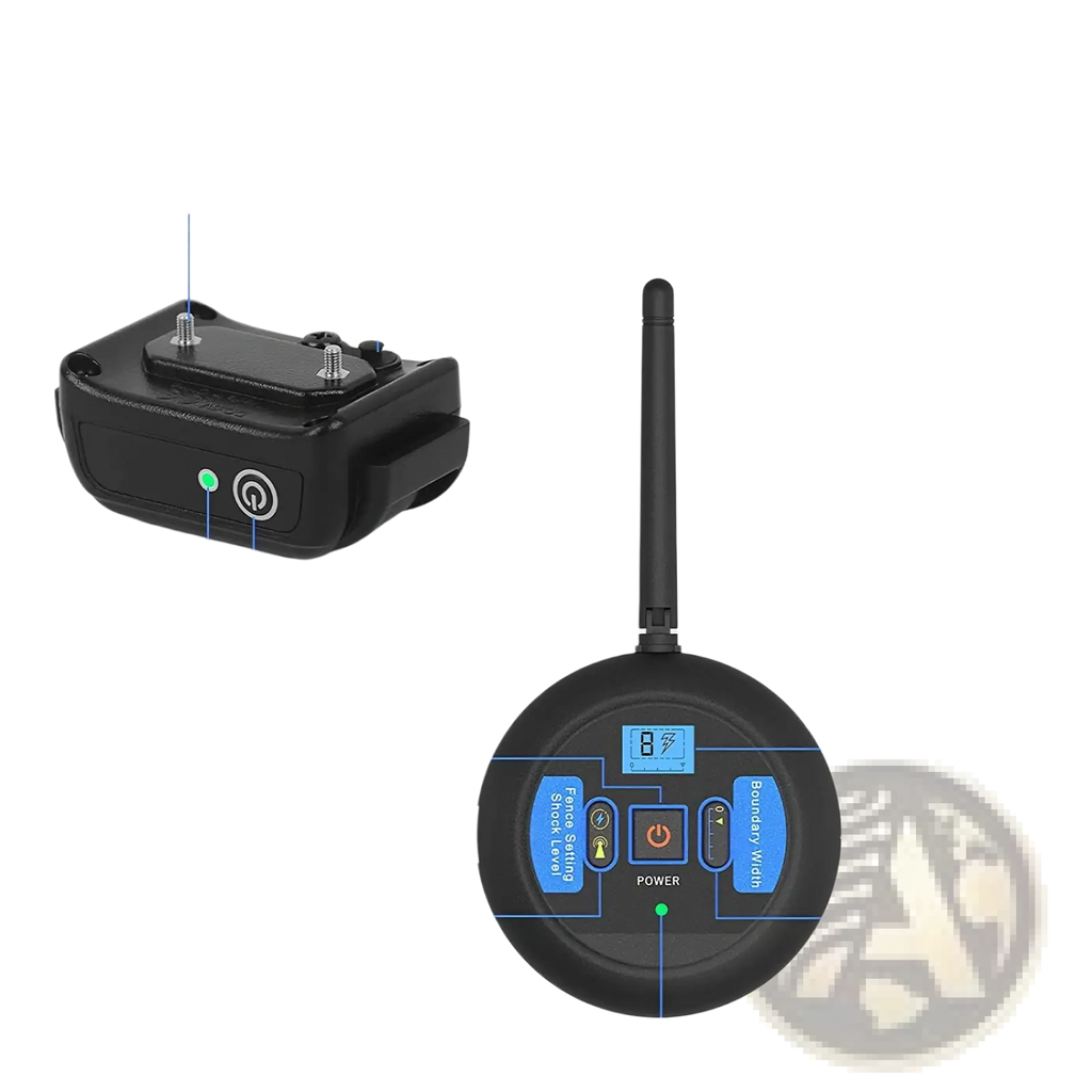Black waterproof wireless dog fence system collar with remote control featuring lcd and shock level buttons