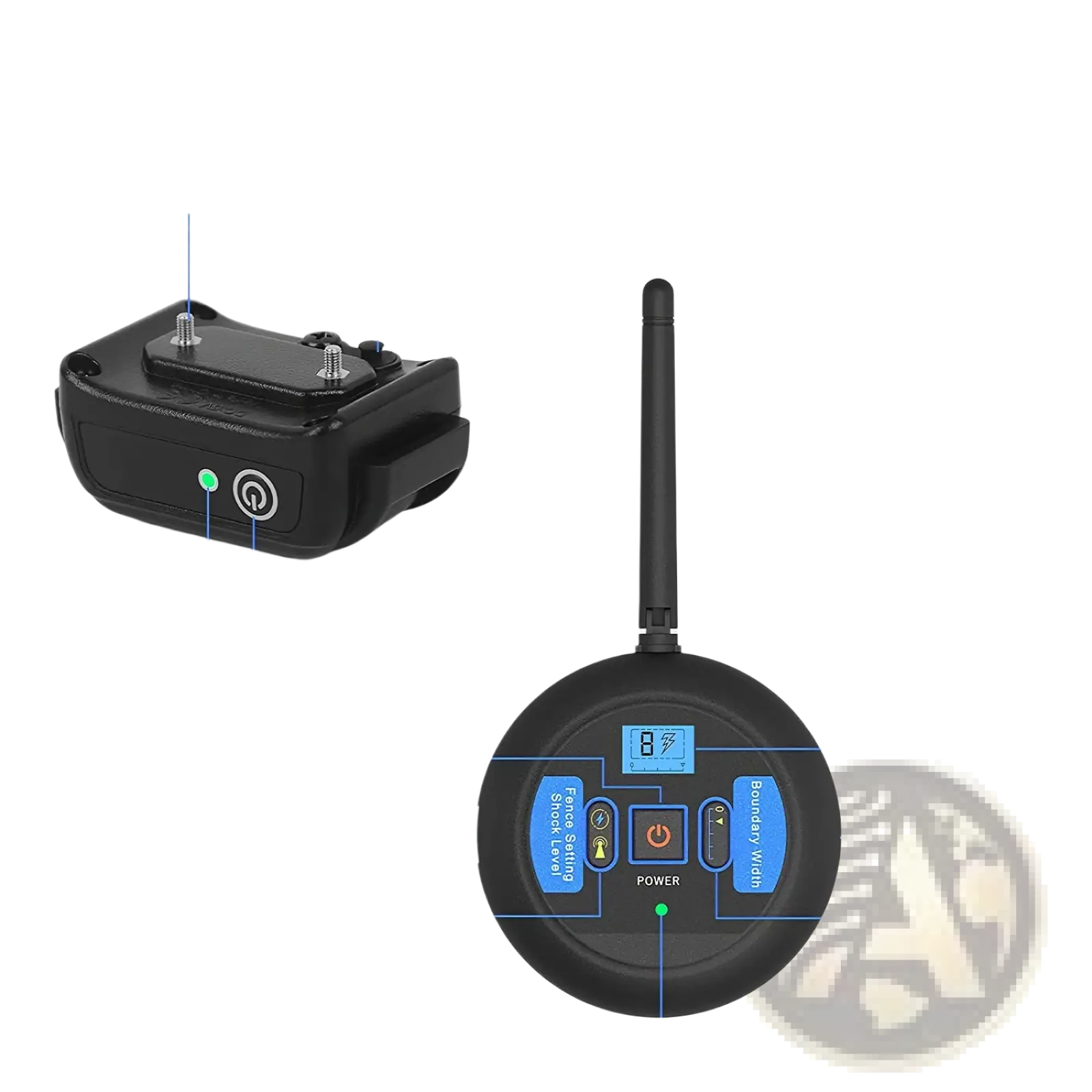 Black waterproof wireless dog fence system collar with remote control featuring lcd and shock level buttons