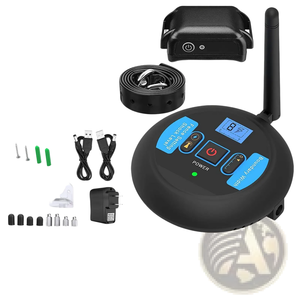 Black wireless dog fence system with circular control unit, antenna, collar transmitter, and waterproof training collar accessories