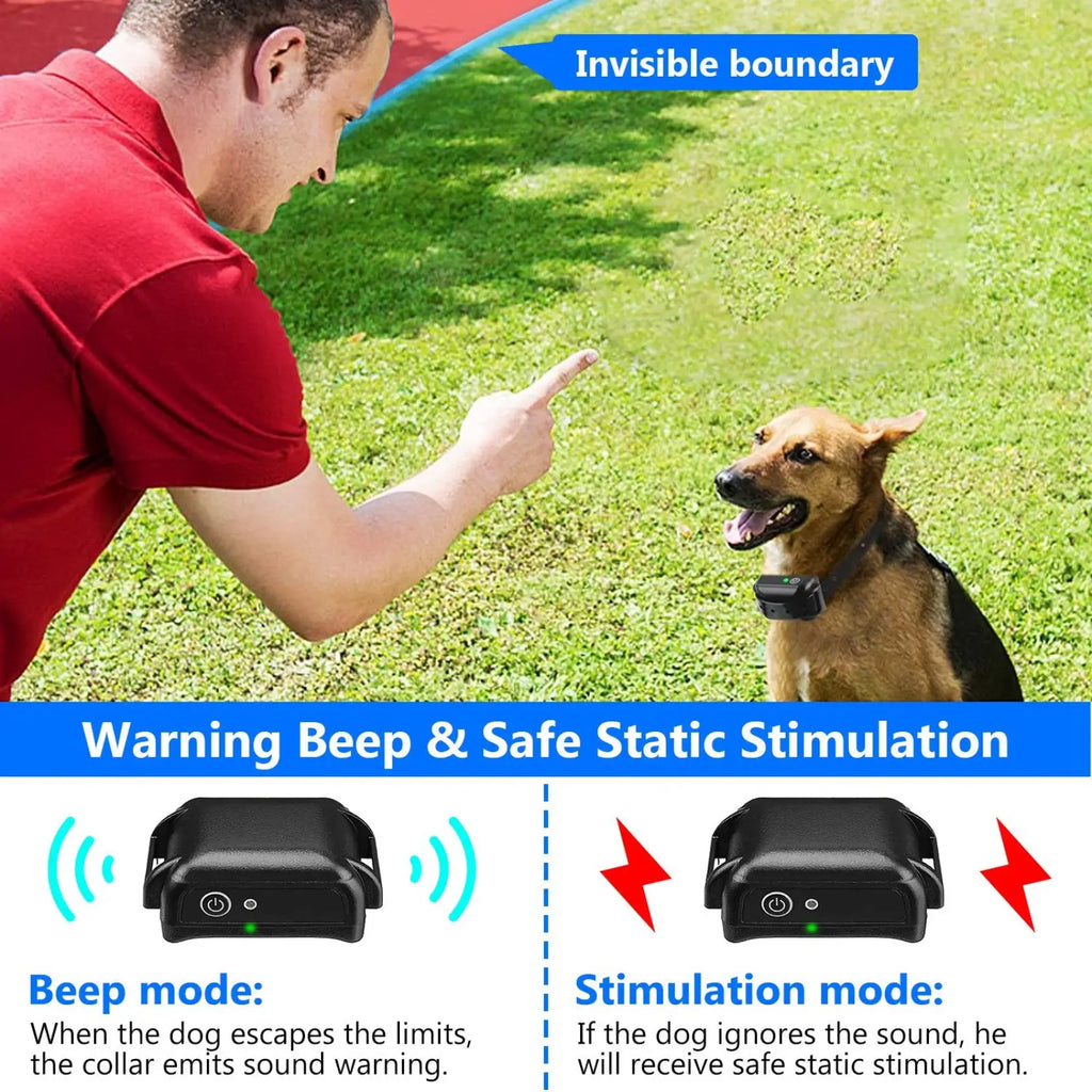 Black waterproof wireless dog fence system collar with warning beep and safe static stimulation features