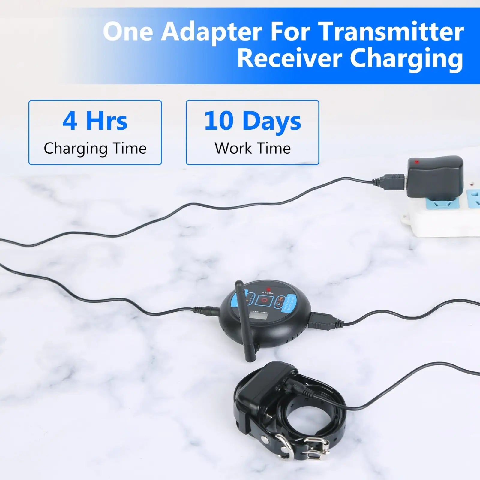 Black circular transmitter adapter with blue buttons and antenna connected to black dog collar receiver in wireless dog fence system