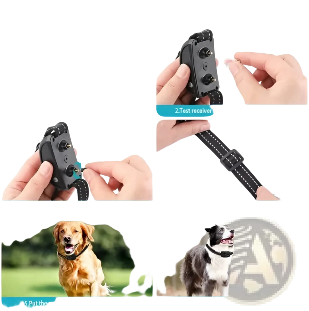 Black plastic wireless dog fence and training collar with adjustable strap and metal buckle for pet training use