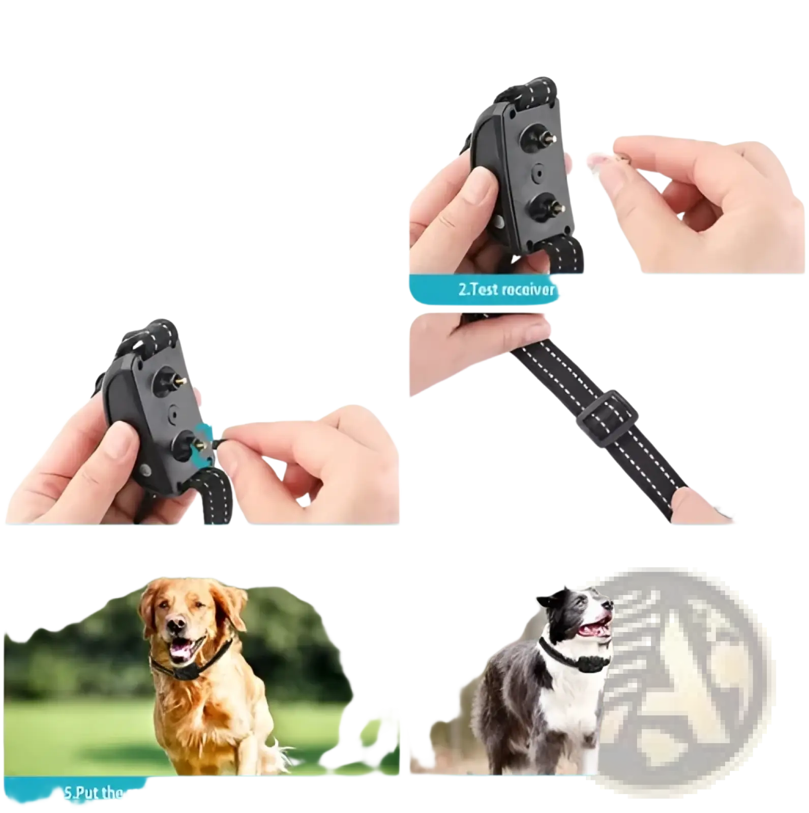 Black plastic wireless dog fence and training collar with adjustable strap and metal buckle for pet training use