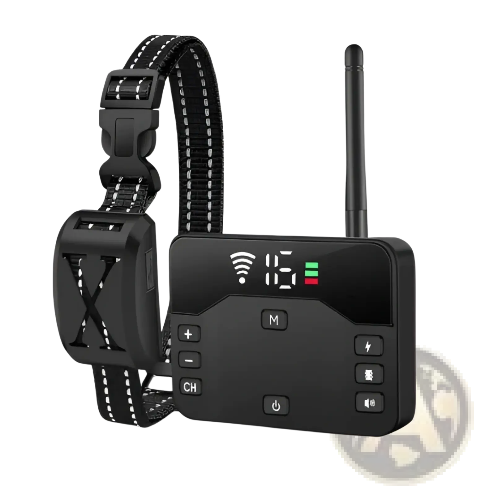 Black wireless dog collar and remote control system with digital display showing channel 15 and wi-fi symbol