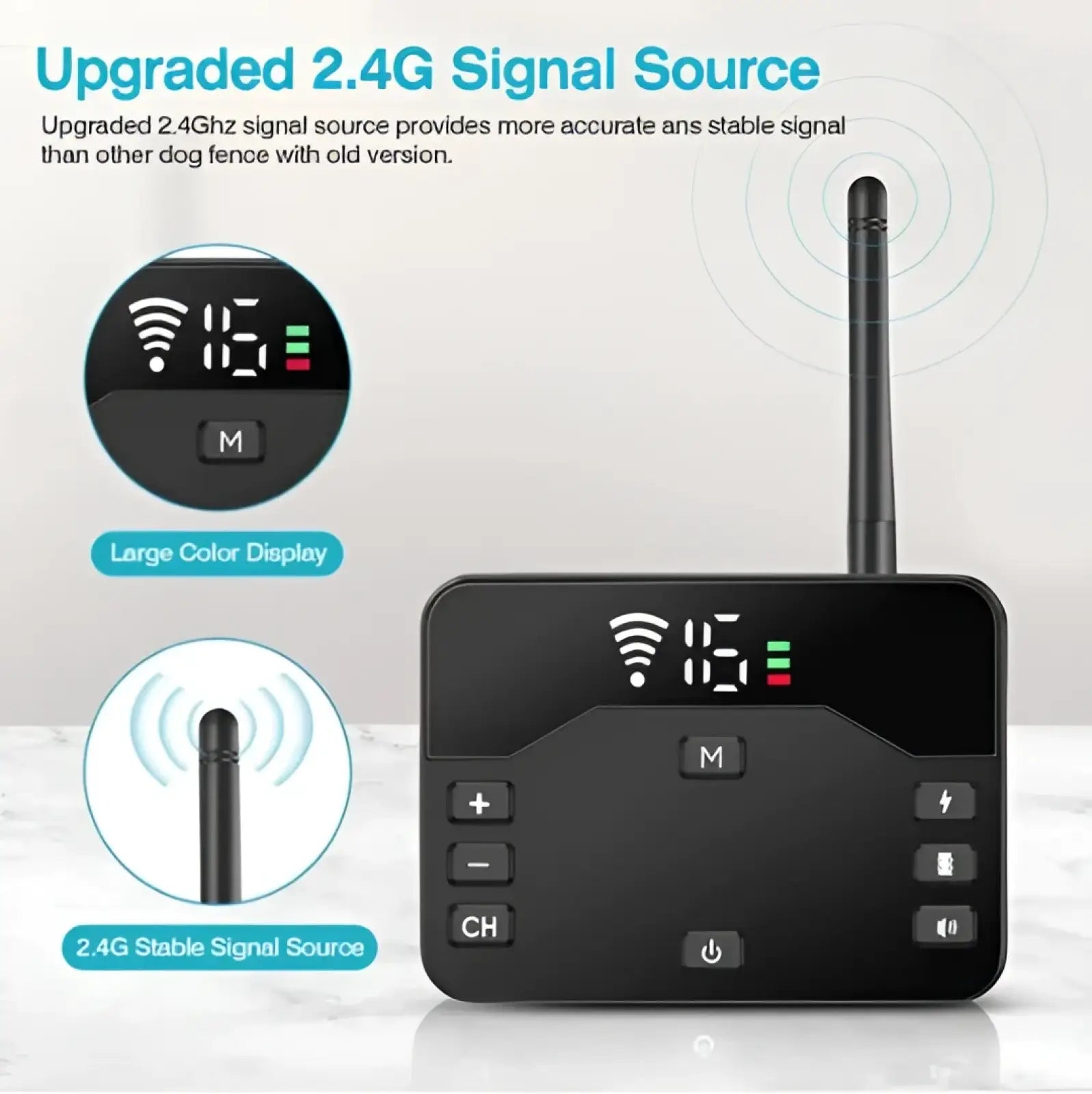 Black rectangular wireless dog fence transmitter with vertical antenna and color display for signal and battery level