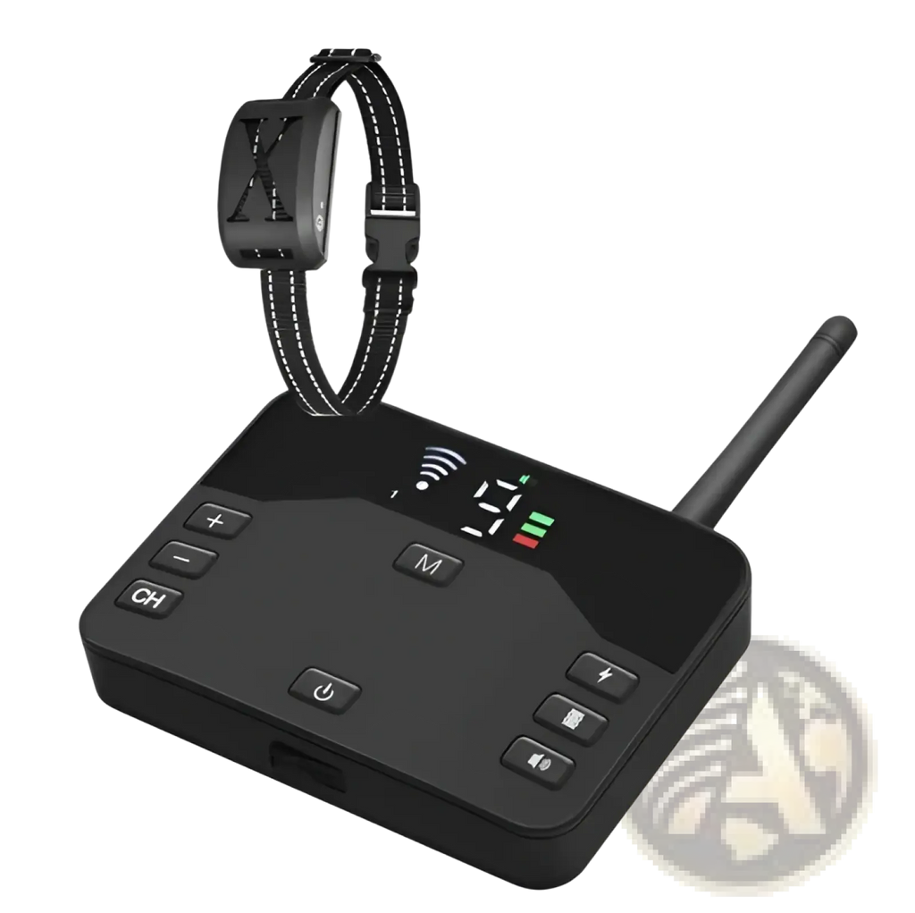 Black wireless dog collar and receiver system with digital display antenna and control buttons for training fence use ipx6