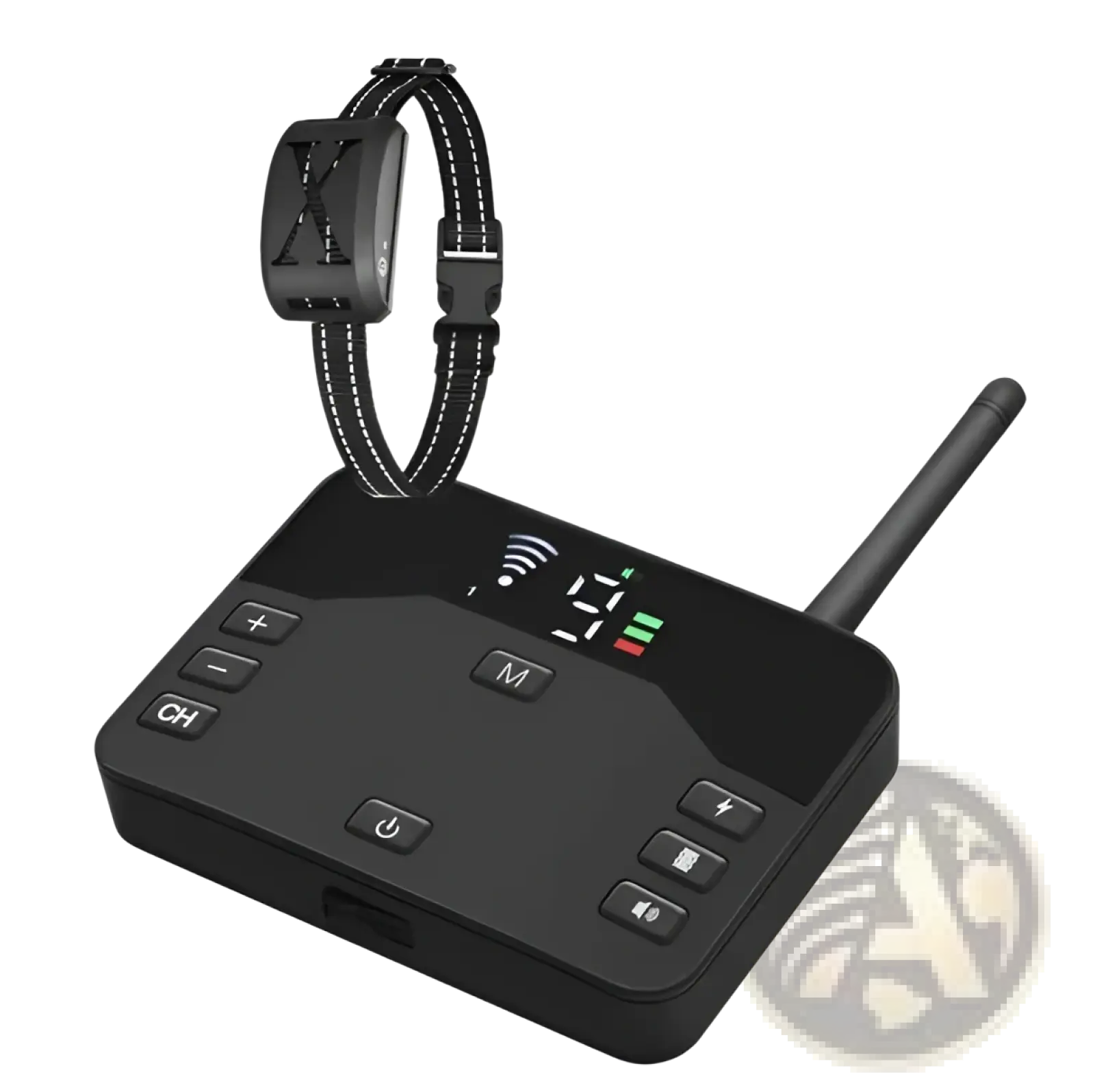 Black wireless dog collar and receiver system with digital display antenna and control buttons for training fence use ipx6