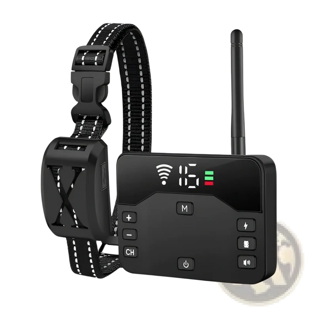 Black wireless dog fence and training collar system ipx6 set with remote control and white stitched strap showing channel 15