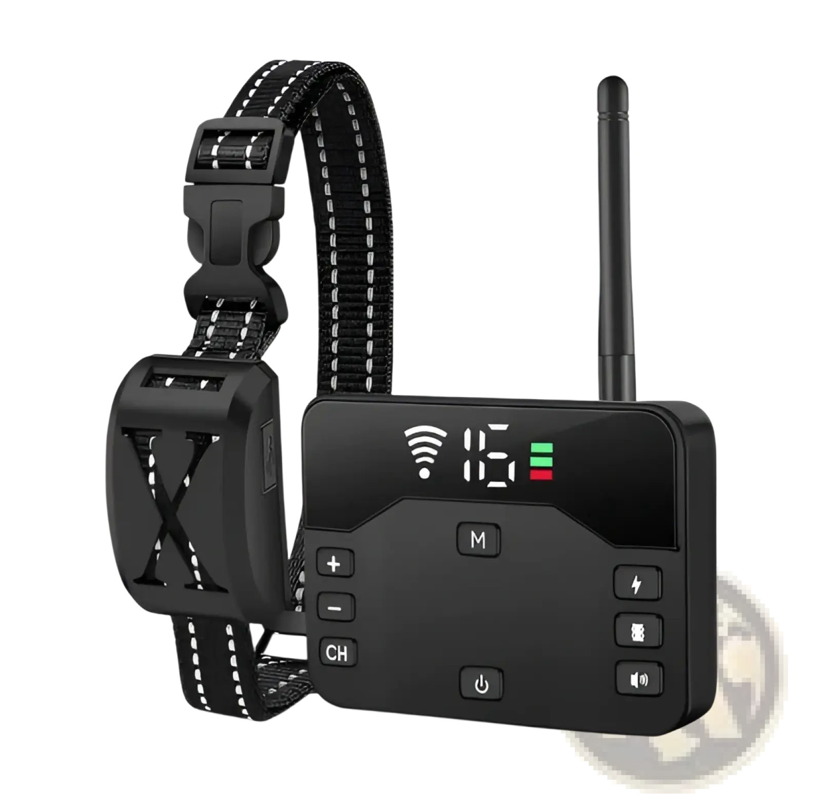 Black wireless dog fence and training collar system ipx6 set with remote control and white stitched strap showing channel 15