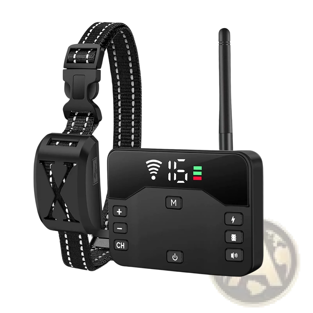 Black wireless dog fence and training collar with two receivers featuring digital display remote and antenna controls