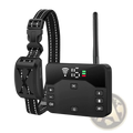 Black wireless dog fence and training collar with two receivers featuring digital display remote and antenna controls