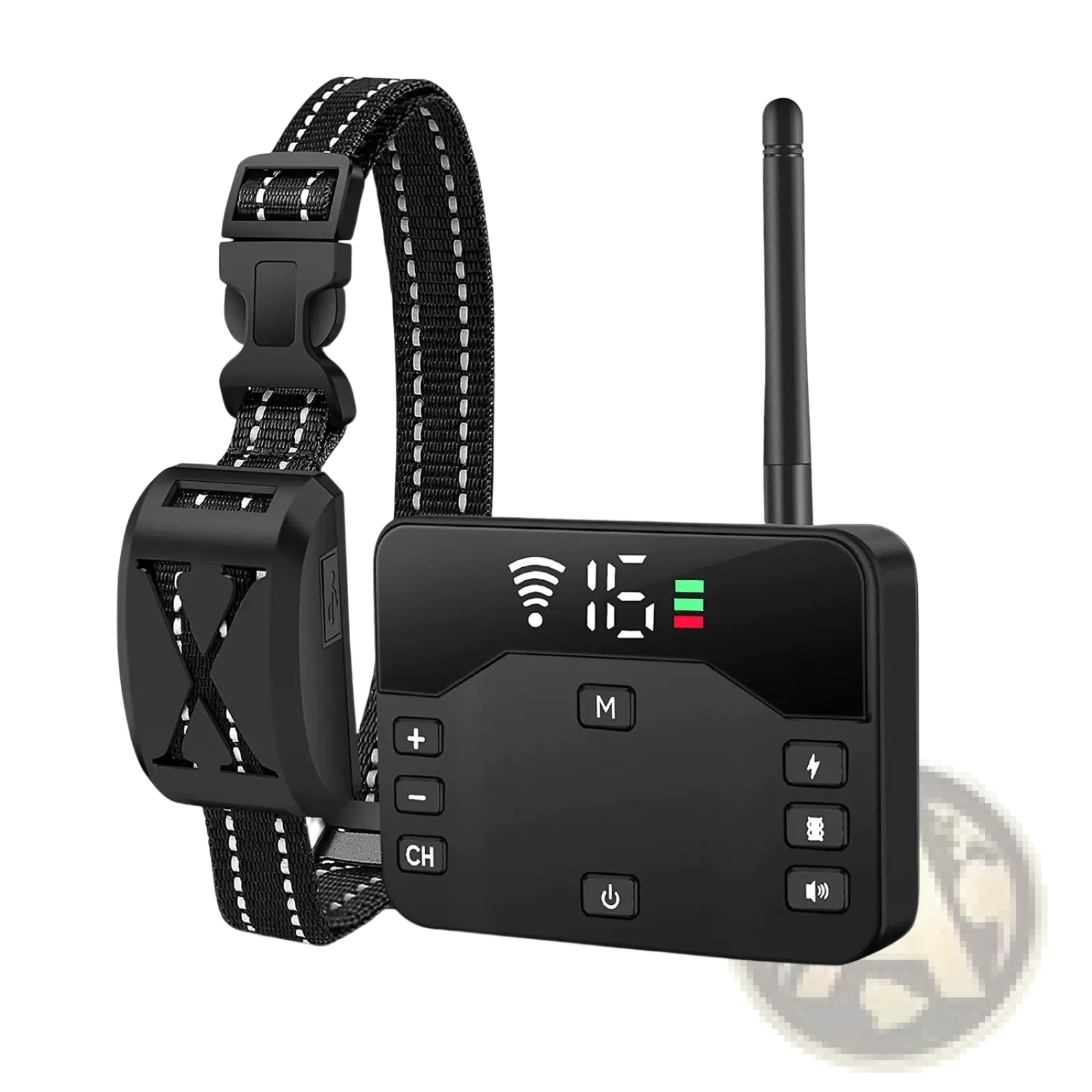 Black wireless dog fence and training collar with two receivers featuring digital display remote and antenna controls