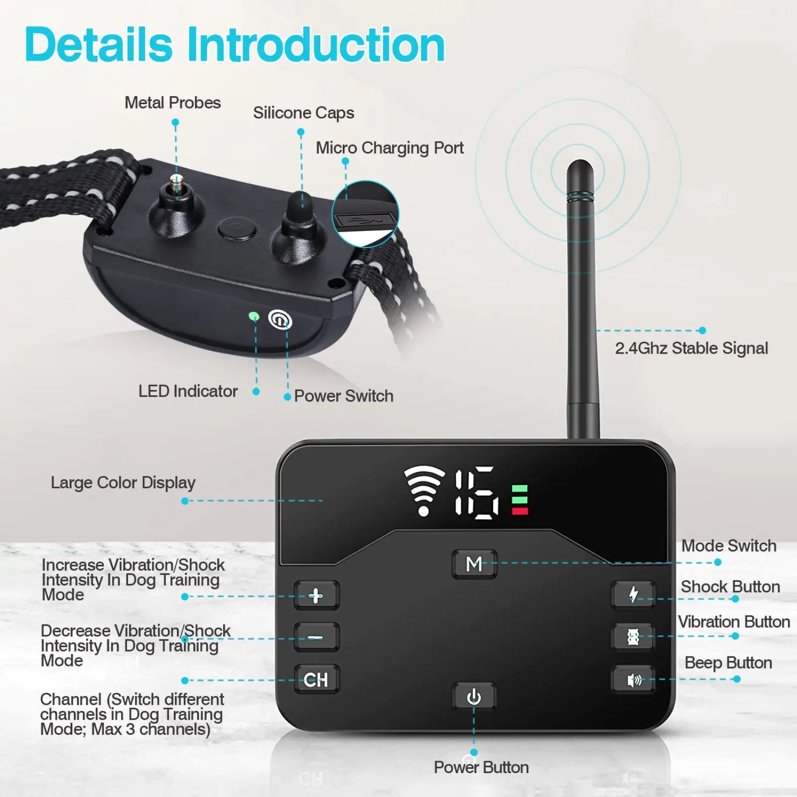 Black wireless dog fence and training collar with two receivers featuring 2.4ghz signal metal probes and led remote display