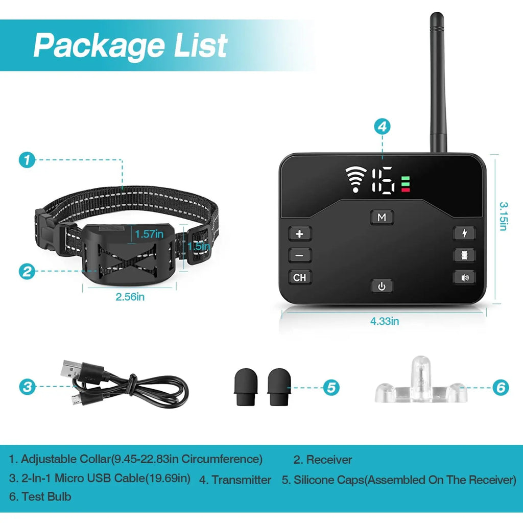 Black wireless dog collar with adjustable strap and digital receiver unit for dog fence and training system