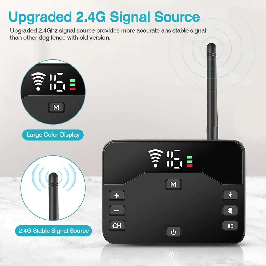 Black rectangular wireless dog fence signal receiver with vertical antenna digital display and control buttons for training collar