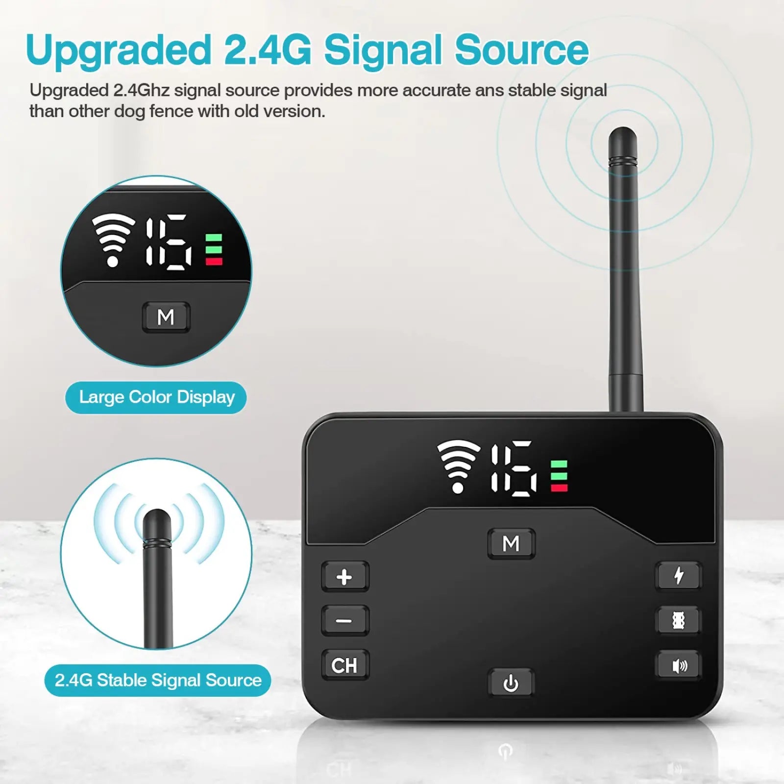 Black rectangular wireless dog fence signal receiver with vertical antenna digital display and control buttons for training collar