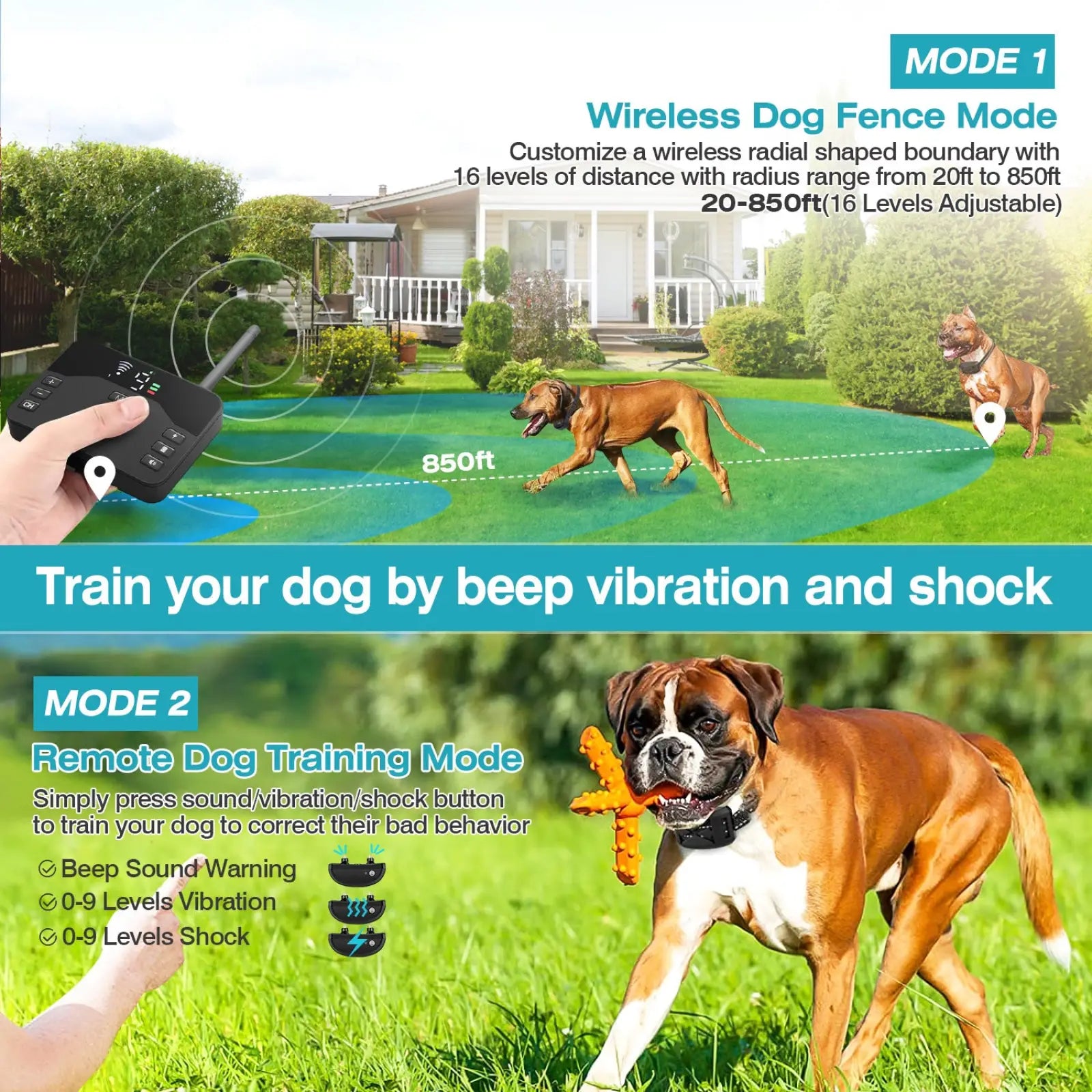 Black wireless dog fence and training collar with adjustable vibration and shock settings for remote correction