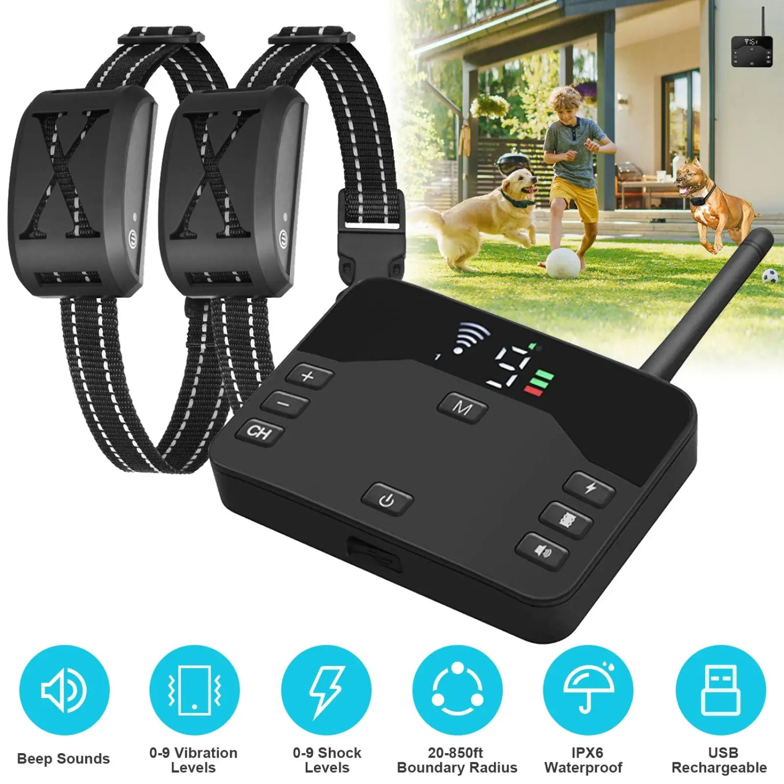 Black wireless dog fence and training collar system with two adjustable collars and a control unit with led display
