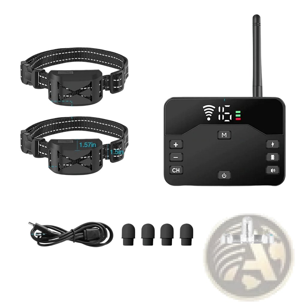 Black wireless dog fence and training collar system with two adjustable collars and a digital transmitter unit