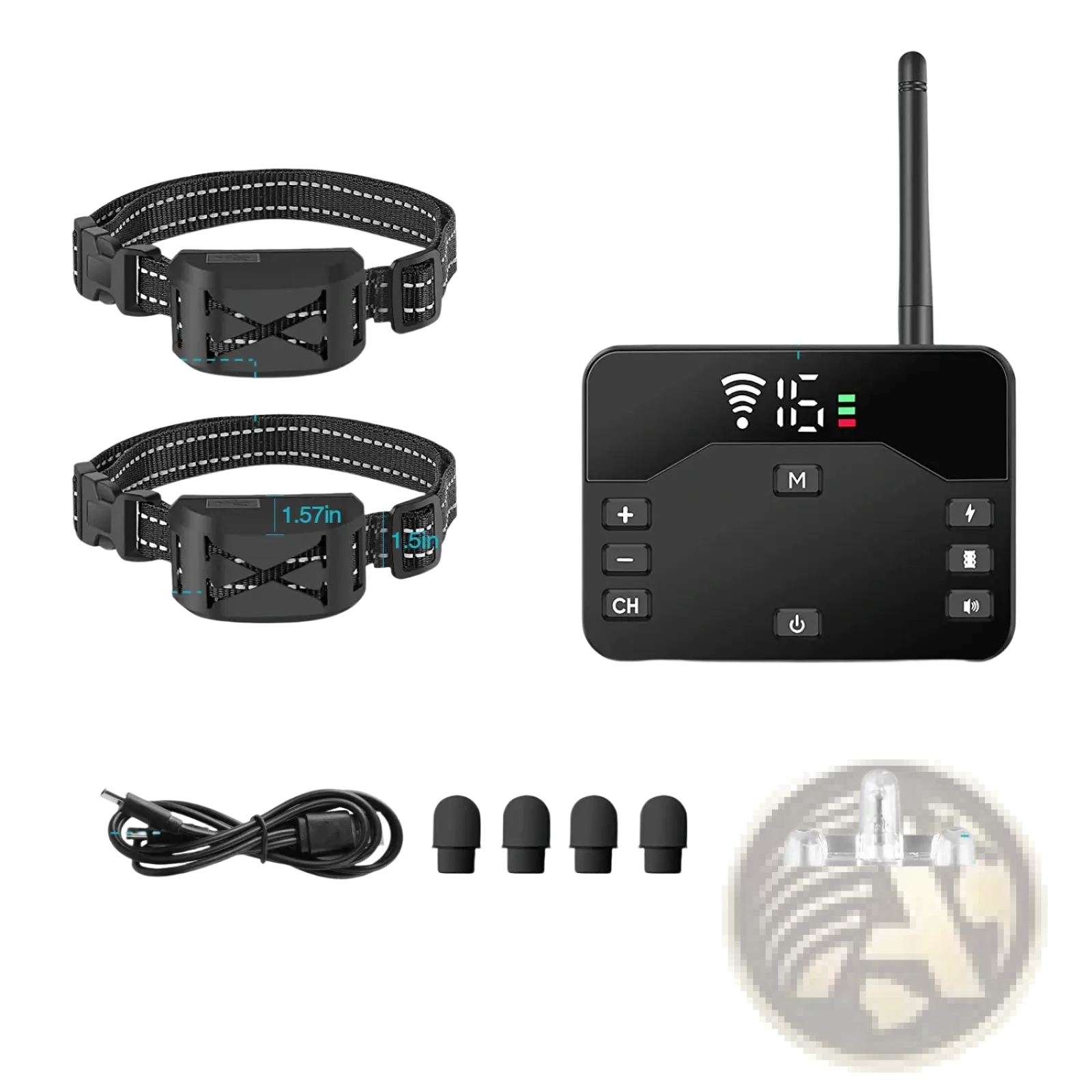 Black wireless dog fence and training collar system with two adjustable collars and a digital transmitter unit