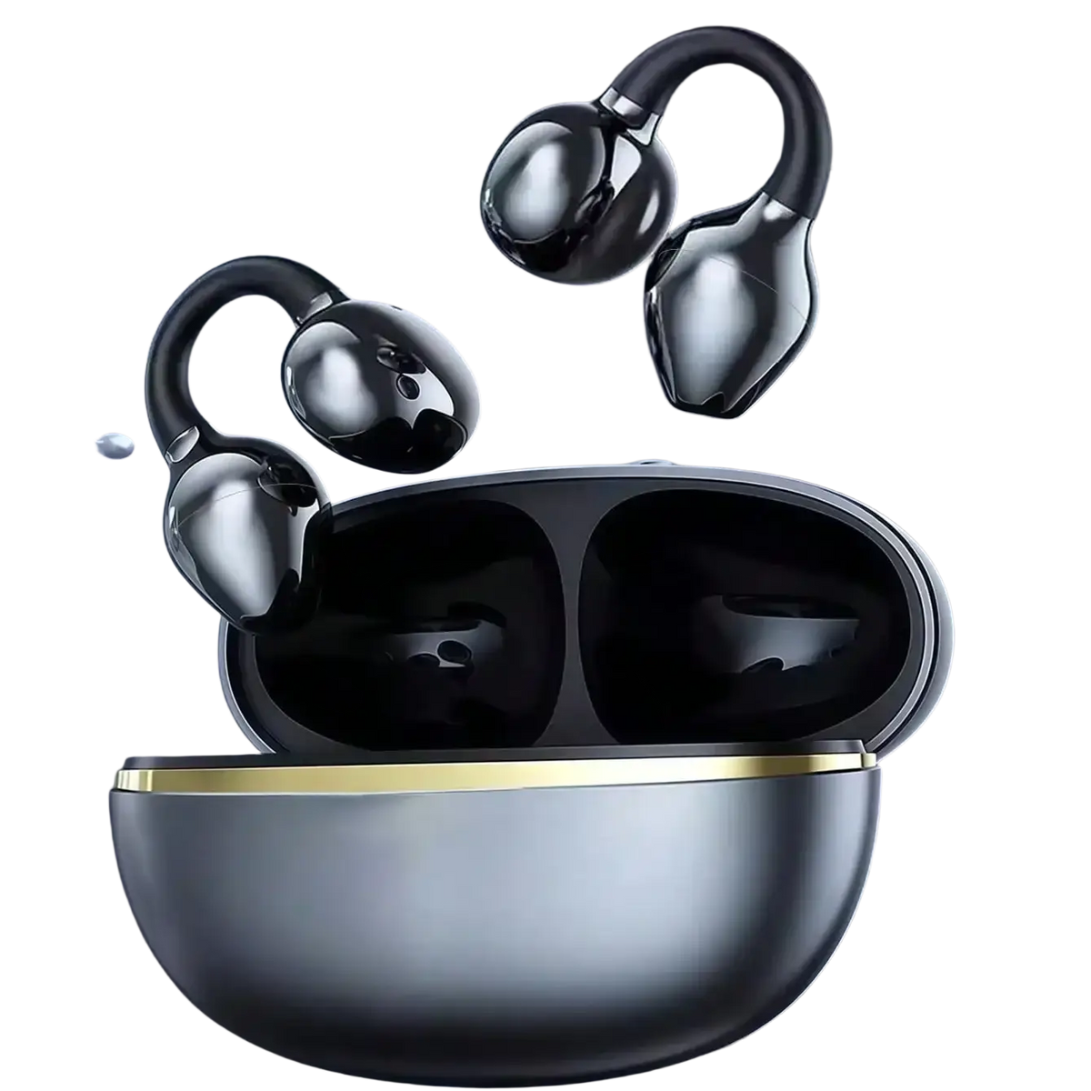 Black glossy wireless ear clip Bluetooth earbuds with sleek design and gold-trimmed charging case for optimal charging time