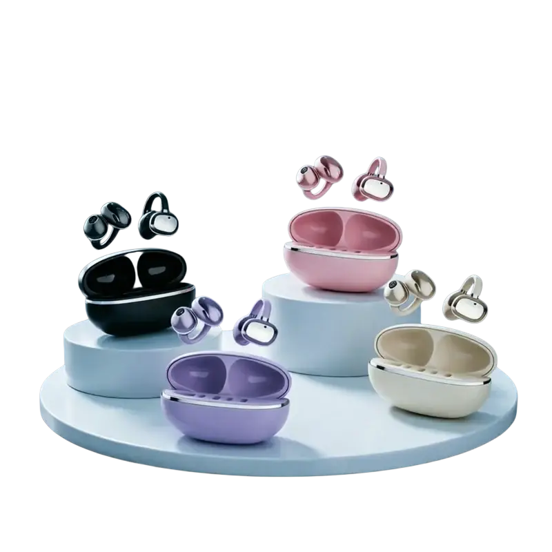 Wireless ear clip bluetooth earbuds in pink purple black and beige with metallic accents and matching charging case